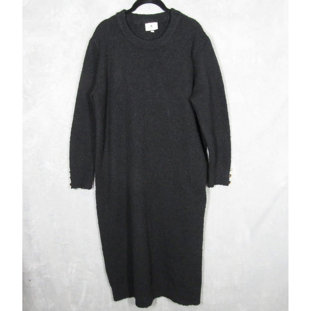Tuckernuck Sweater Dress Size Large Black Textured Knit Midi Gold Button Detail